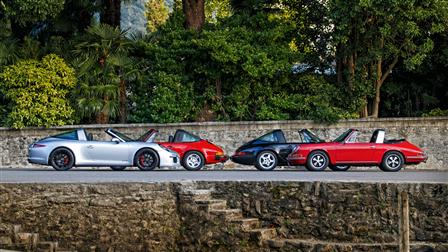 (l-r): 2015 991 Targa 4 GTS, 1987 911 SC Targa, 1993 964 Targa, 1967 911 2.0 Targa