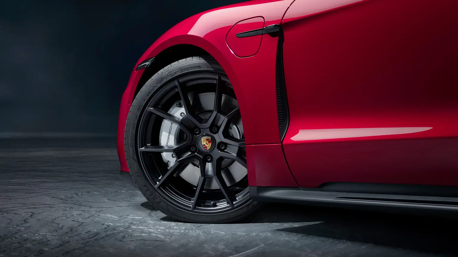 Red 2024 Porsche Taycan 21 inch Satin Black RS Spyder Wheels with Porsche Ceramic Composite Brakes